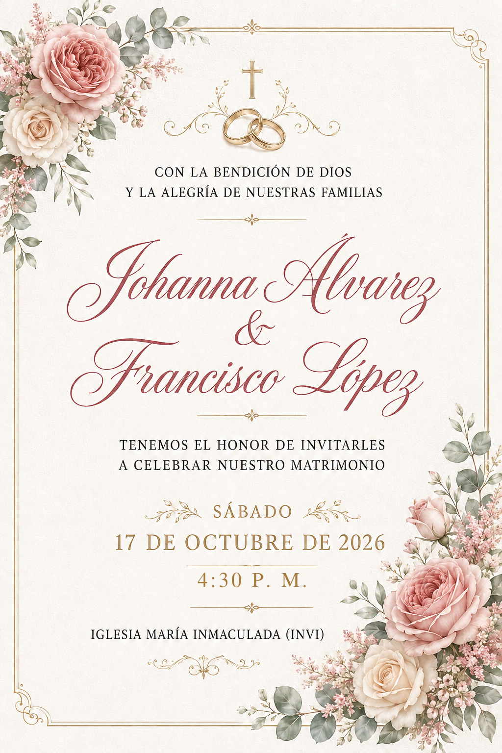 Invitación formal: ceremonia a las 4:30 p. m. en la Iglesia María Inmaculada